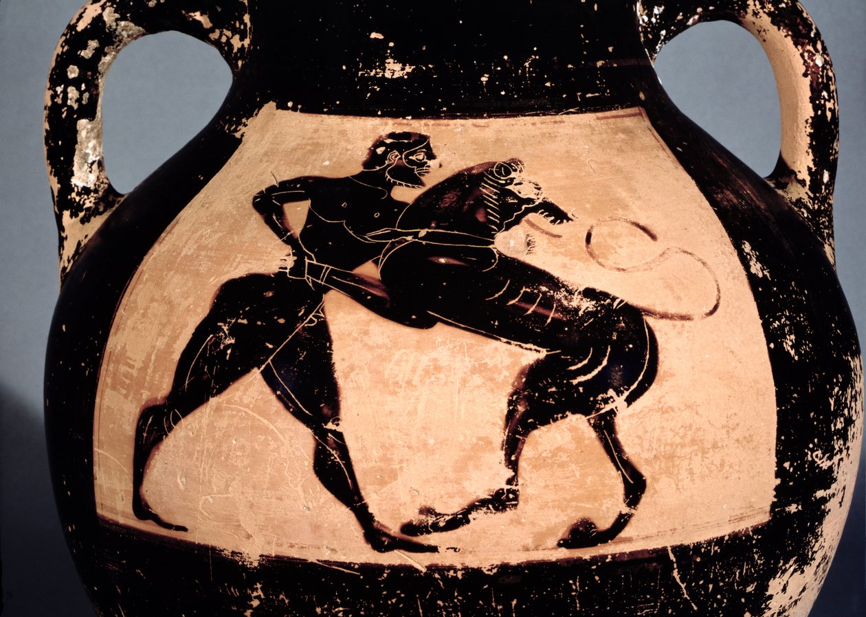 Herakles kæmper med den Nemeiske løve, detalje fra en attisk sortfiguret amfora (keramik) af Greek