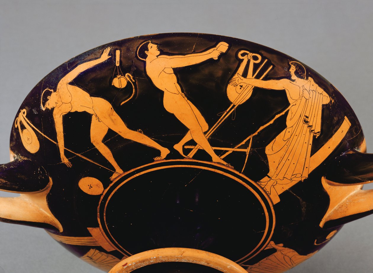 Kylix kop forestiller atleter og symposist, ca. 480 f.Kr. (keramik) (se også 293740) af Greek
