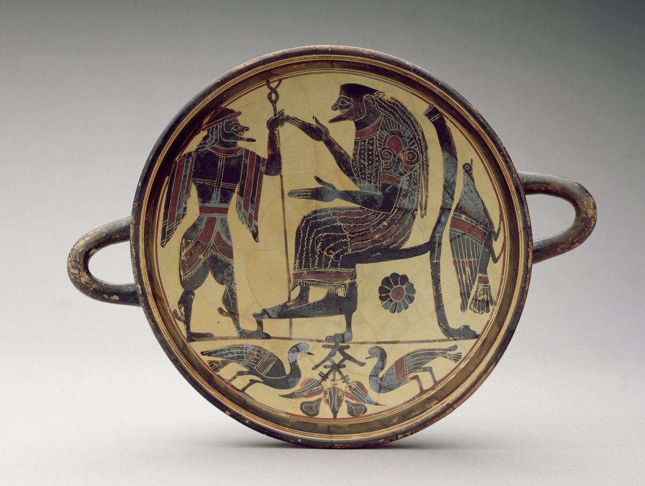 Lakonisk kylix-bæger forestillende Zeus og Hermes, ca. 550-530 f.Kr. (ler) (se også 288296 og 288298) af Greek