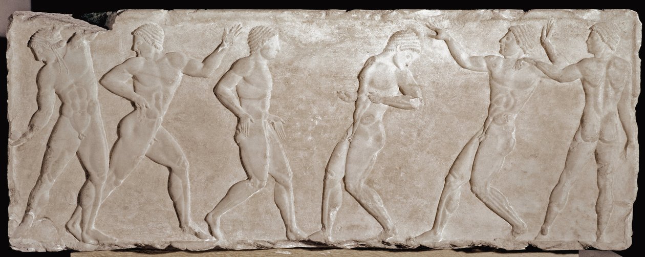 Marmorreliefstrømper af en begravelseskouros, der repræsenterer seks atleter. 510 -500 f.Kr. Fra Akropolis Athen. Nationalmuseet for arkæologi, Athen af Greek
