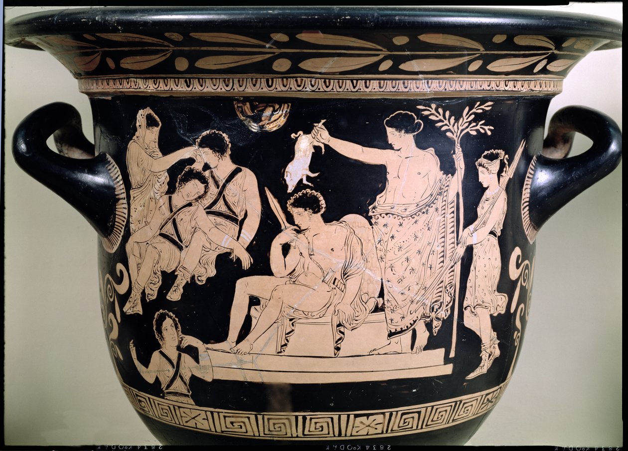 Orestes som leverandør ved Apollon-helligdommen i Delphi, detalje fra et attisk krater med rød figur, tilskrevet den apuliske Eumenides-maler-keramikdetalje fra 92567 af Greek
