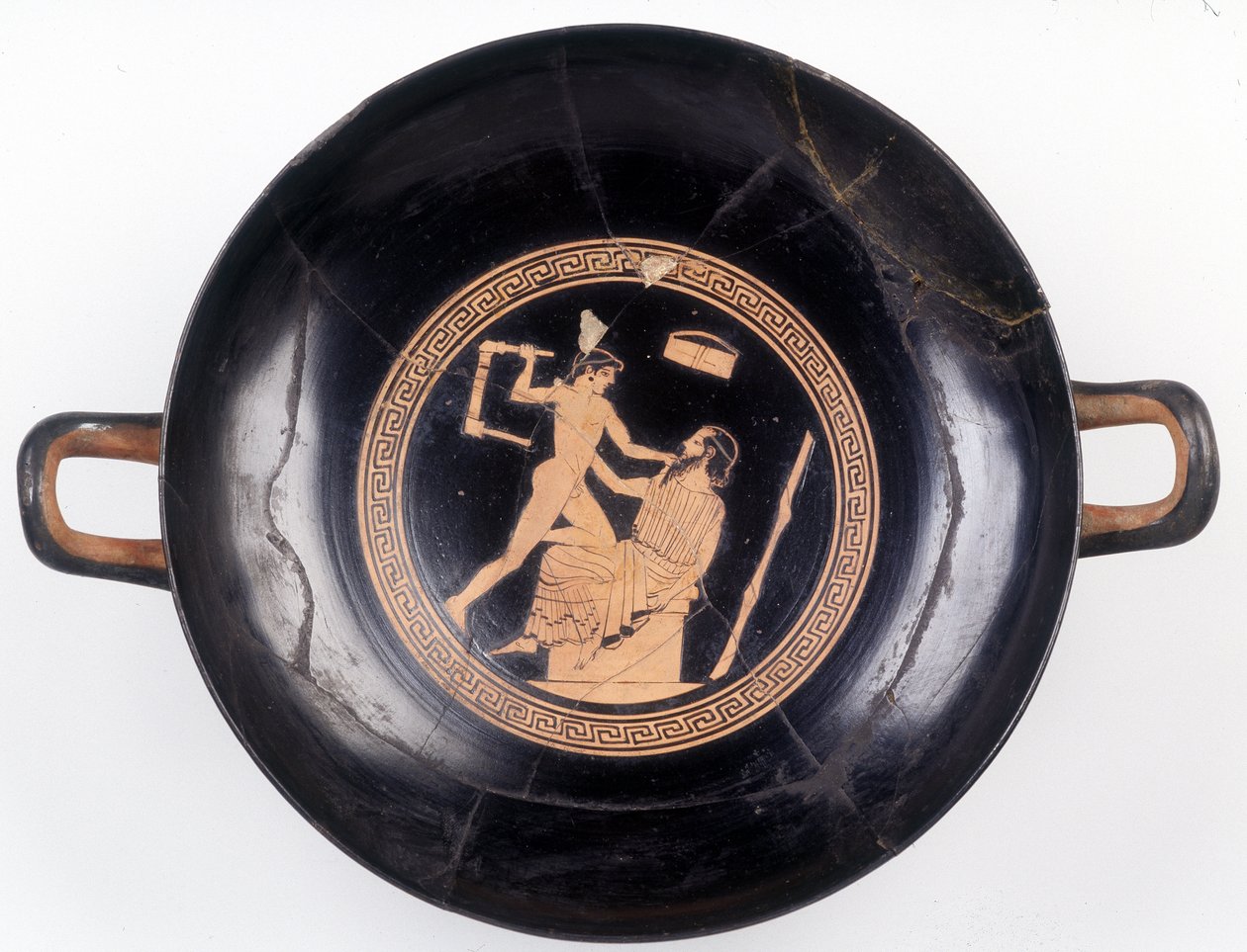 Maleri på snit: Repræsentation af Heraclés, der vifter med en stol for at slå sin musikmester ud, 470 f.Kr. BNF, Medaljekontoret. af Greek