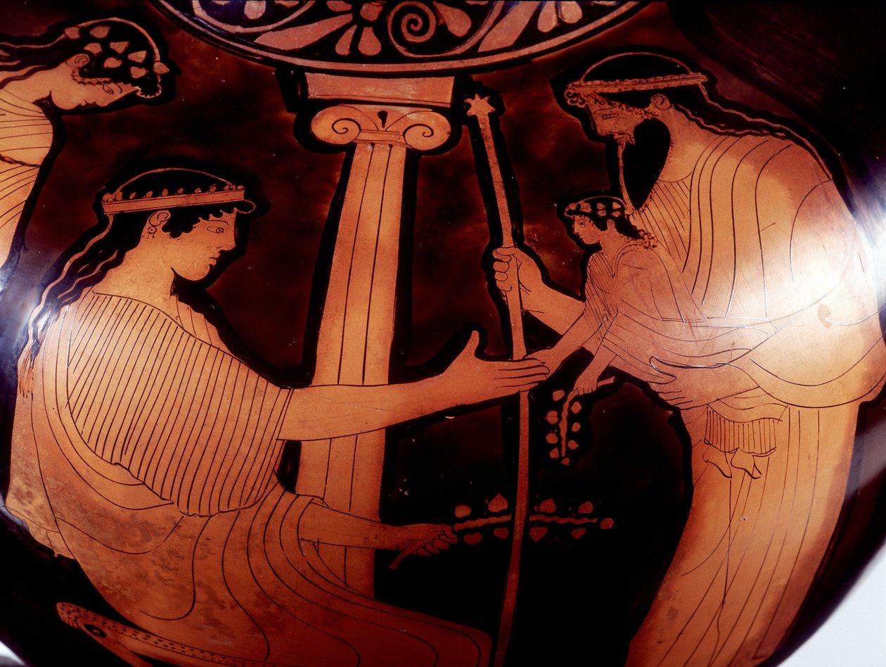 Maleri på vase: Jupiter (Zeus) præsenterer den unge Dionysus (Bacco) for to kvinder. 480 f.Kr. BNF, Medaljekontoret. af Greek