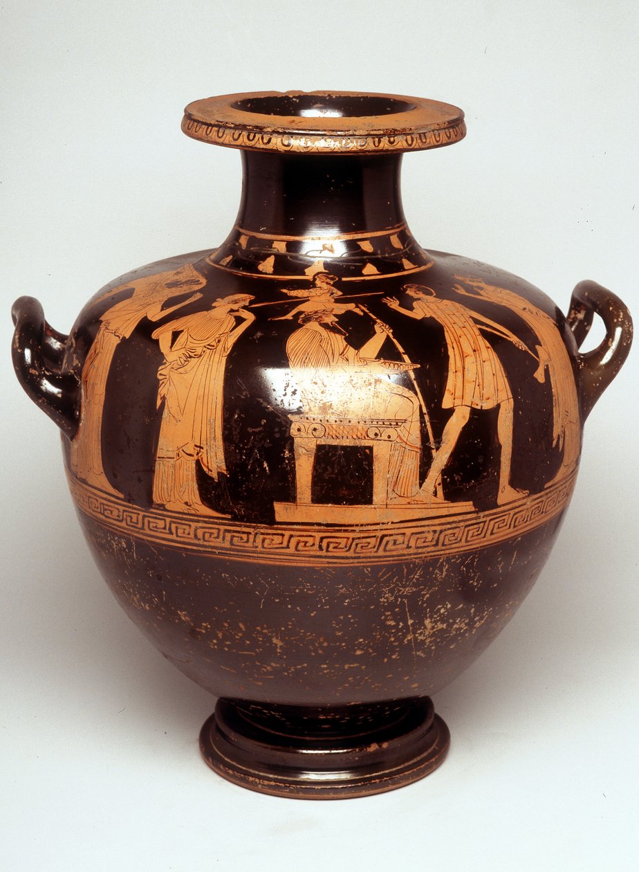 Maleri på vase: Repræsentation af Jupiter (Zeus) afkortet i midten. Over hendes hoved ses Athena, hver hær (fødsel af Athena). Overfor Zeus står Hephaistos. 470 f.Kr. BNF, Cabinet des Medailles. af Greek