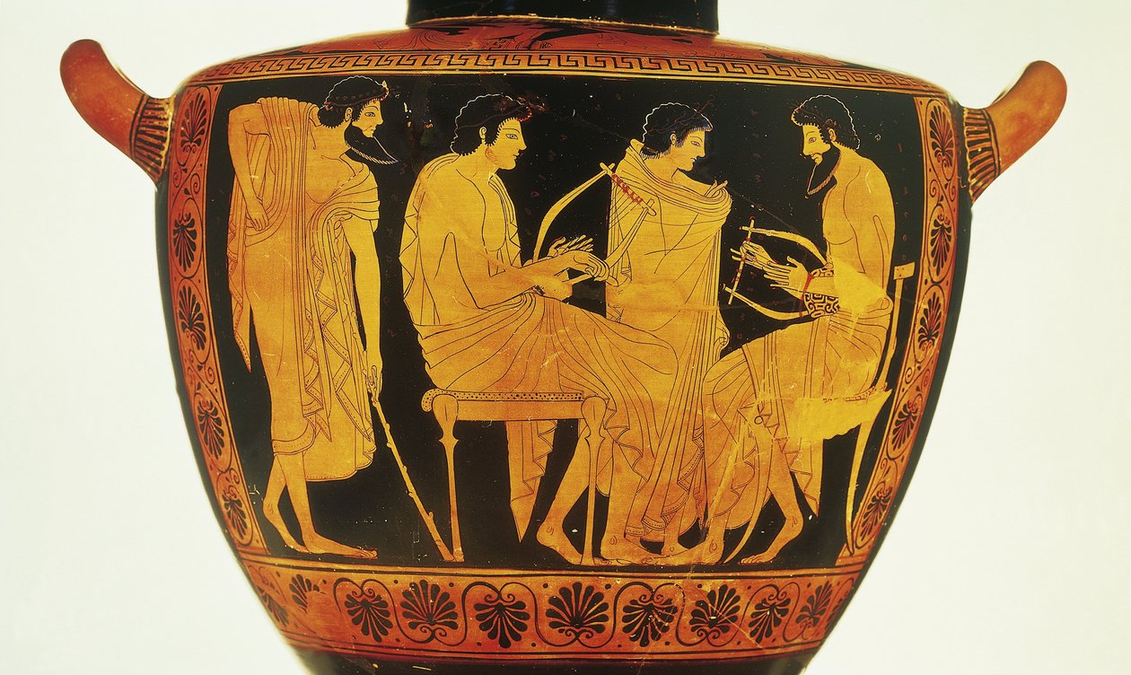 Keramik med røde figurer, Attic hydria af Phintias, der skildrer musiklektion af Greek