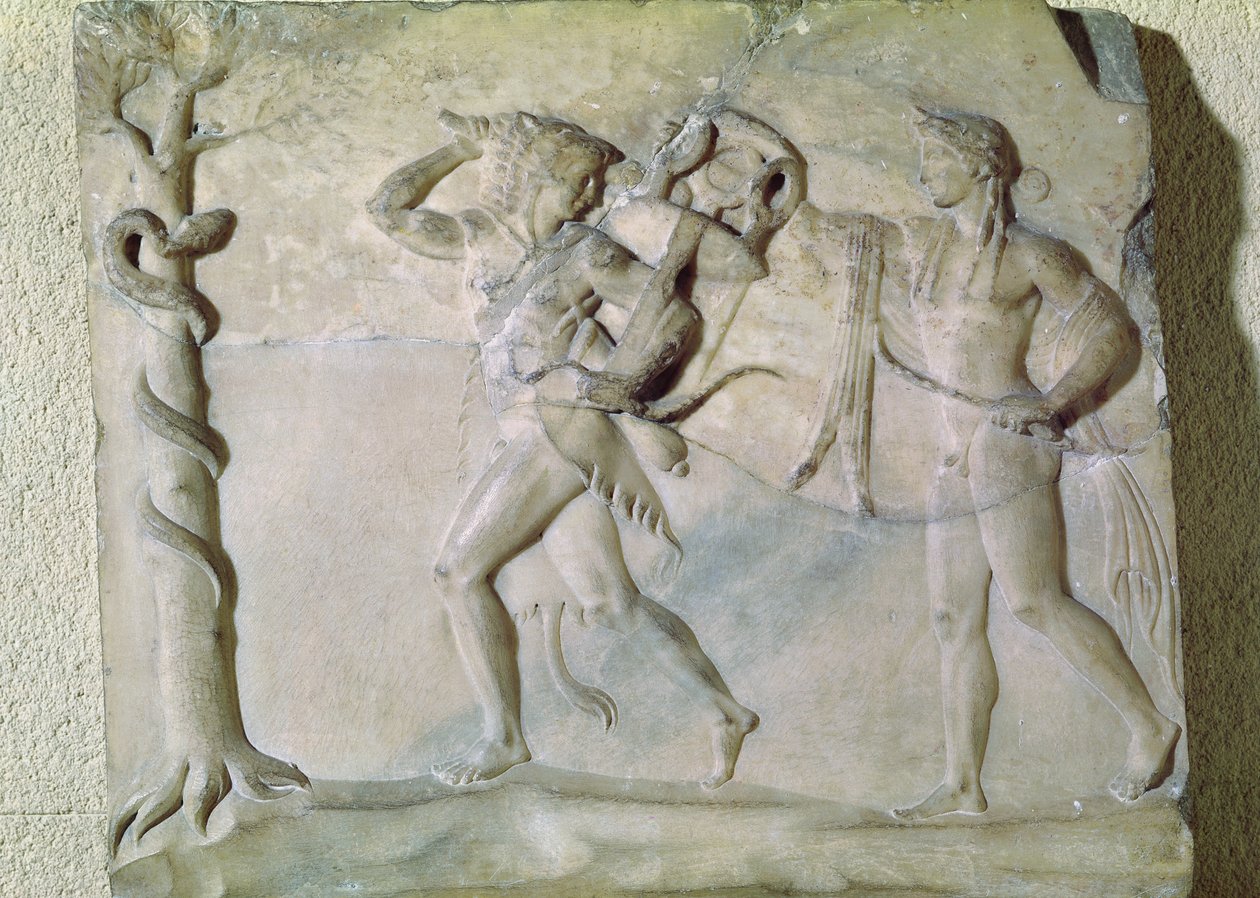 Tablet, der forestiller Hercules, der bærer Delphic Tripod af foran Apollo (marmor) af Greek