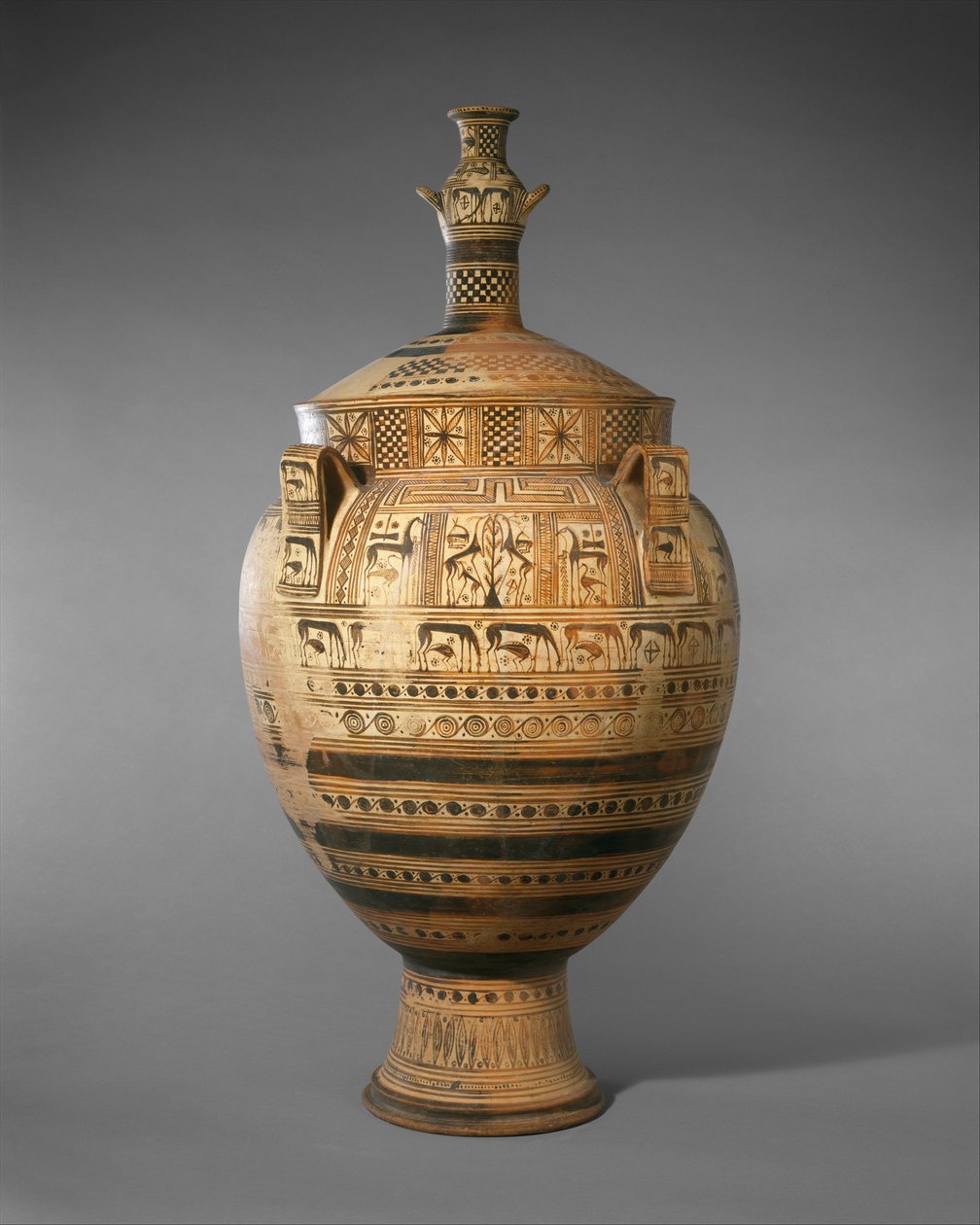 Terracotta krater med låg overbygget af en lille hydria, ca. 750-740 f.Kr. (terracotta) af Greek