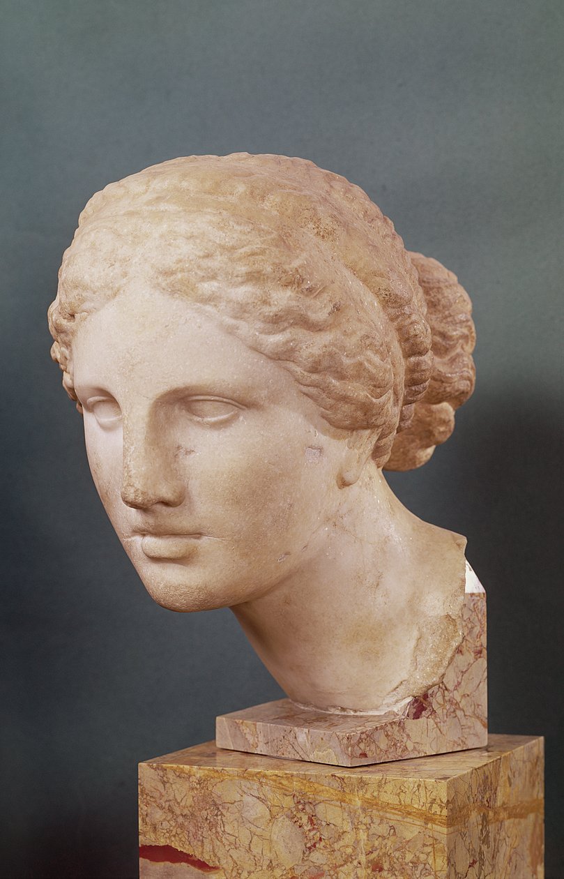The Kauffmann Head, Head of Aphrodite, kopi af Aphrodite of Cnidus af Praxiteles (fl.375-40 BC) c.150 BC (marmor) af Greek