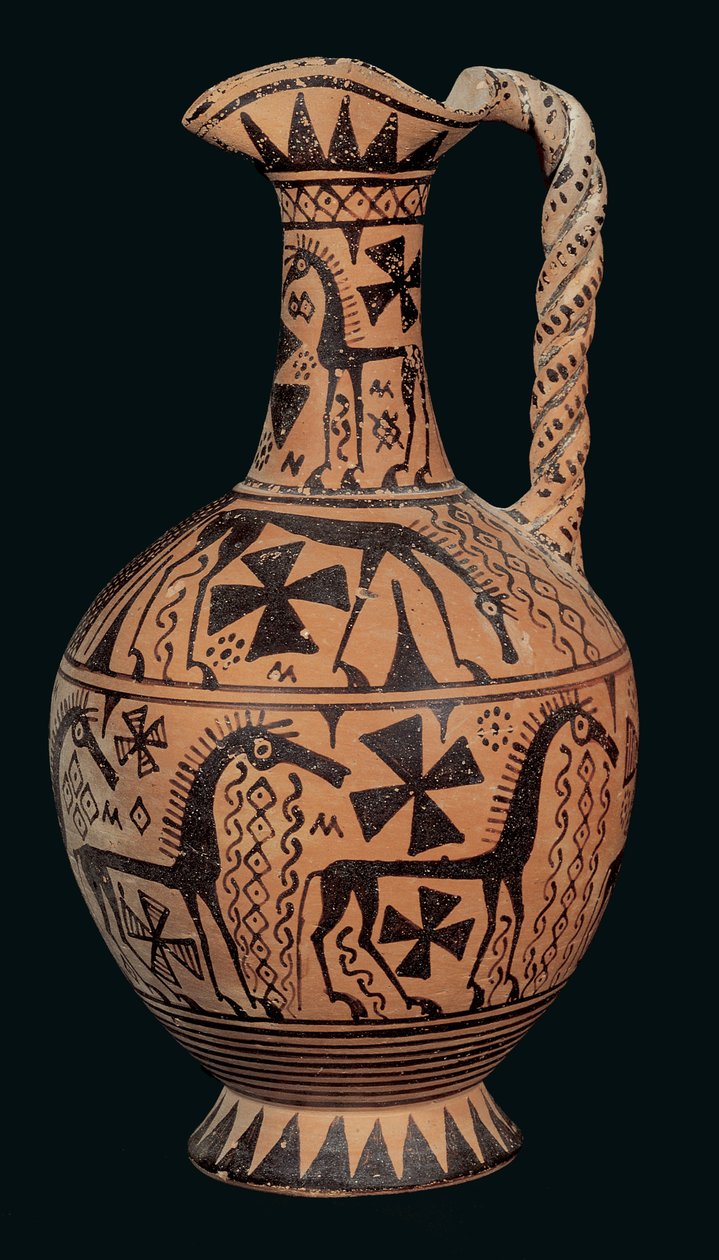 Trefoil-mund oinochoe dekoreret med heste, fra Skyros, Sporades, Orientaliseringsperiode (675-650 f.Kr.) (malet ler) af Greek