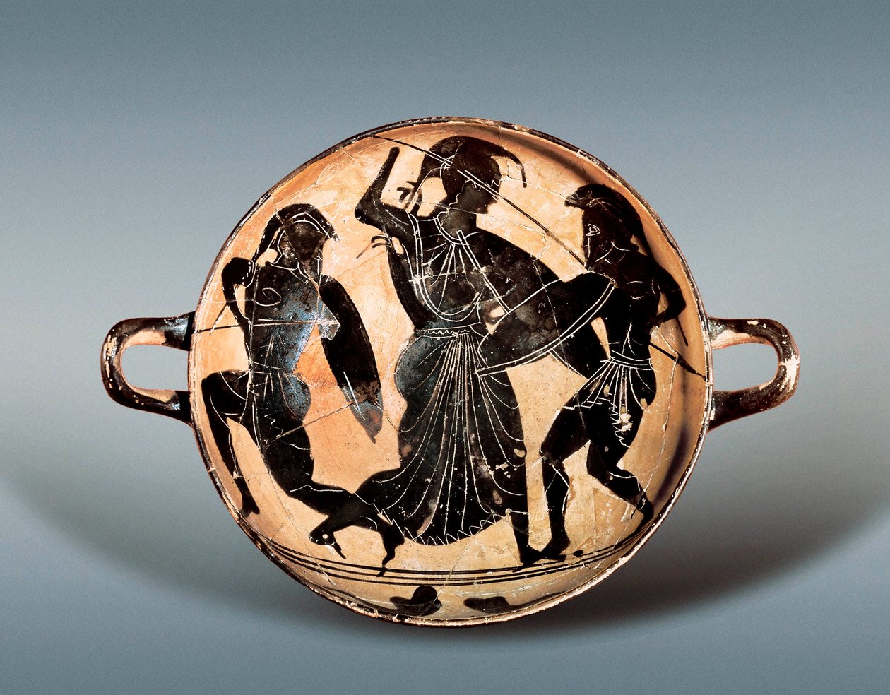 Trojansk krig: Gudinde Athena kæmper mellem Hector og Achilles. 6. århundrede f.Kr. Kylix (drikkekop) har sorte figurer i keramik, Cataloniens arkæologiske museum, Barcelona. af Greek
