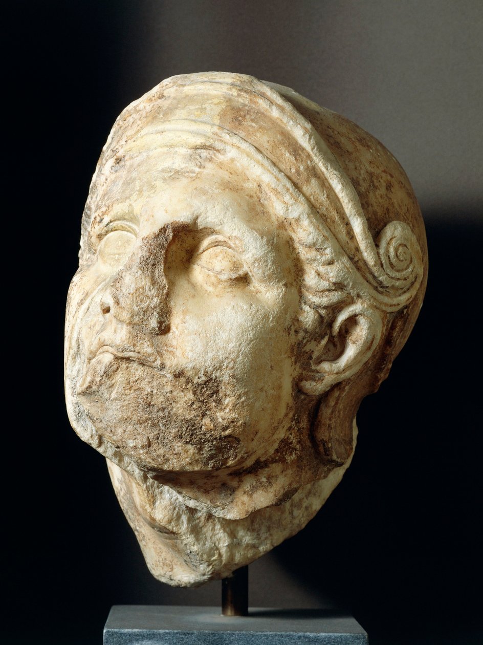 Krigerhoved af Skopas (340-420 f.Kr.) foran Athena Alea-templet i Tegea, 4. århundrede f.Kr. (foto) af Greek
