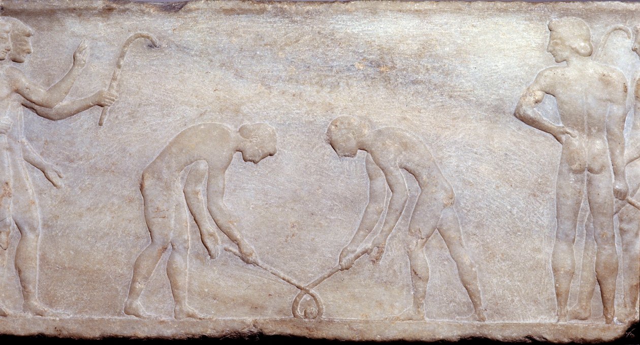 Art of Ancient Greece: Boldspil med lacrosse (princippet for nuværende hockey). Lavrelief skulptur. Athens arkæologiske museum af Greek
