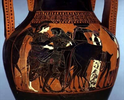 Sort-figur amfora dekoreret med en scene af Herakles assisterende Athena, detalje, 6.-5. århundrede f.Kr. (keramik) af Greek