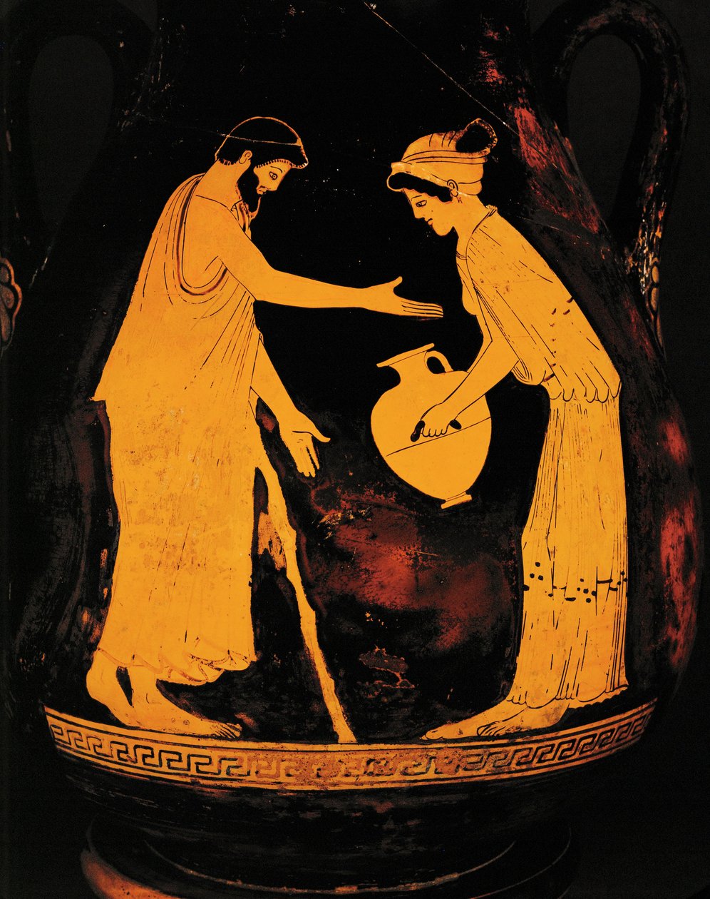 Mand med stok og kvinde med hydria ... af Greek Greek