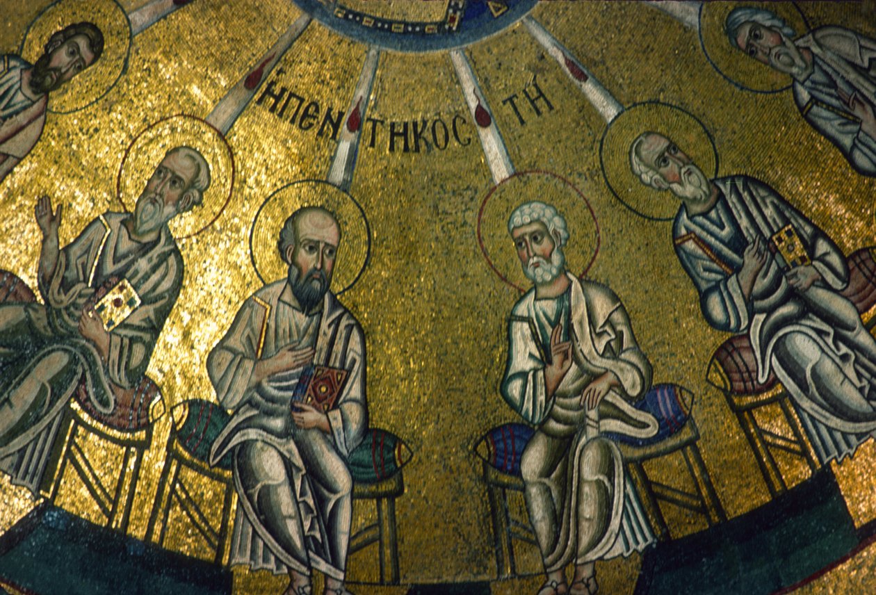 Apostle, detalje fra pinsemosaikken, indre af Katholikon (mosaik) af Greek School