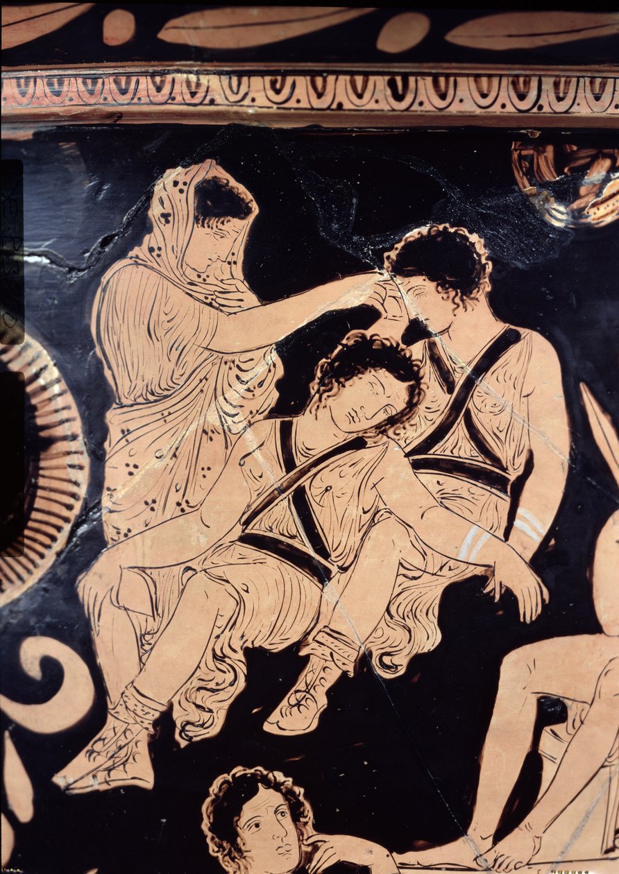 Attisk krater med røde figurer, der viser Orestes som suppliant ved Apollon-helligdommen i Delphi, tilskrevet den apuliske Eumenides-maler, ca. 380 f.Kr. (keramik) (detalje) af Greek School