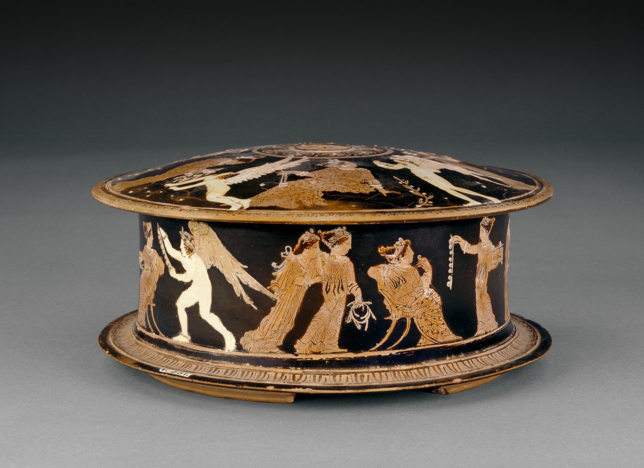 Attic rødfigur pyxis dekoreret med kvinder og eroter eller amoriner, tæt på Meidias-maleren, slutningen af det 5. århundrede f.Kr. (keramik) af Greek School