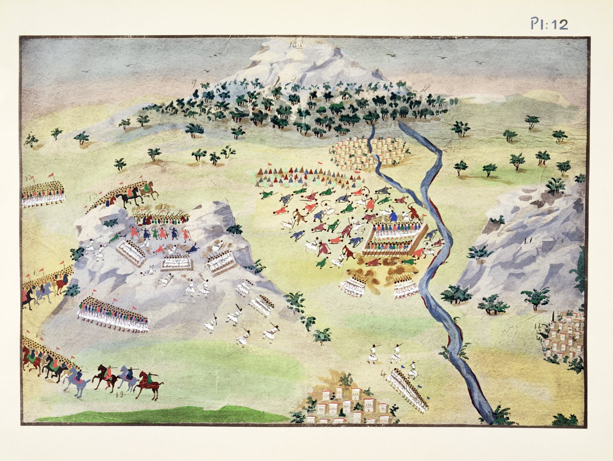 Slag mellem tyrkere og grækere ved Karpenisi og Kaliakouda, plade 12 fra Pictorial History of the Greek Independence War of General Makryjannis af Greek School