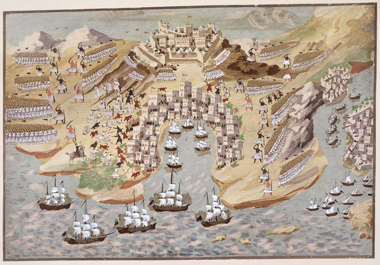 Fugleperspektiv af det vestlige Grækenland centreret om Vonitsa, fra billedhistorien om den græske uafhængighedskrig af Greek School