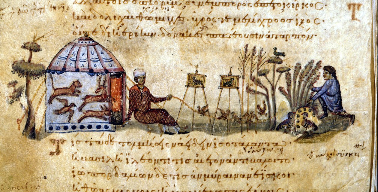 Kaldefugle - i ""De venatione"" af Oppianus, græsk manuskript fra det 13. århundrede. Marcian bibliotek Venedig af Greek School