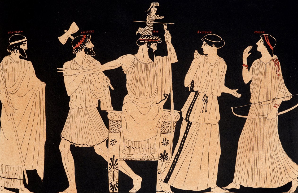 Fødsel af Athena, der kommer ud af hovedet på Jupiter (Zeus), maleri fundet i Vulci, red. 20. århundrede. af Greek School