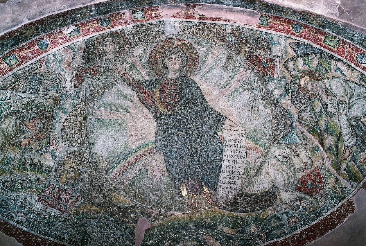 Kristus steg op til himlen omgivet af fire evangelister, Mosaic in Church of Hosios David, eller Catholicon of Latomos Monastery (UNESCOs verdensarvsliste) af Greek School