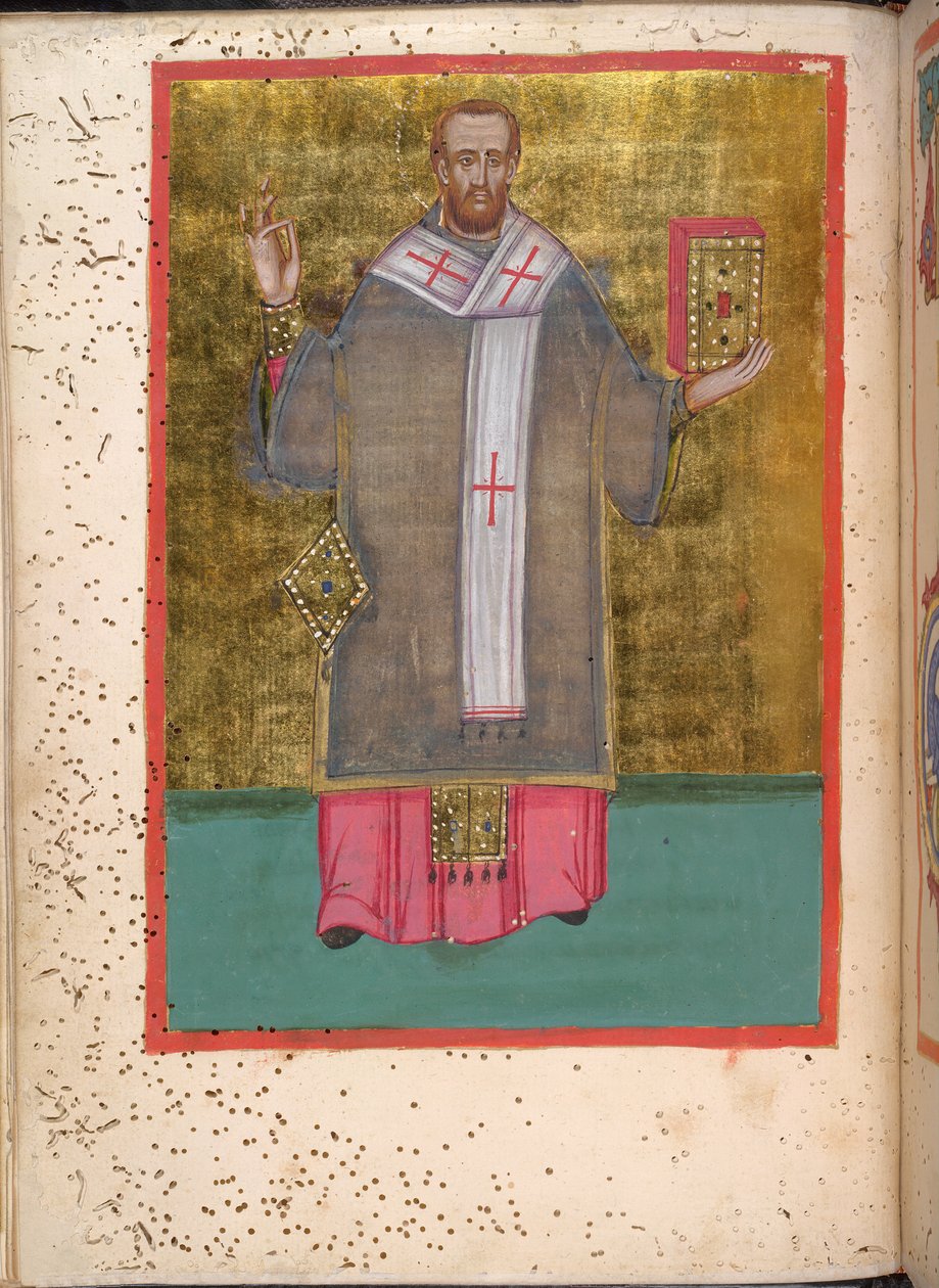 Egerton 2392, f.5v, Miniature af en stående John Chrysostom, der holder en bog, fra 
