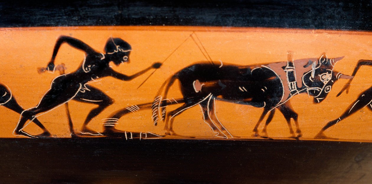 Feltarbejde i det antikke Grækenland. Coupe en pentic strimmel med sorte figurer kendt som "cut des travaux des champs" (omkring 530 f.Kr.) Paris. Louvre-museet af Greek School