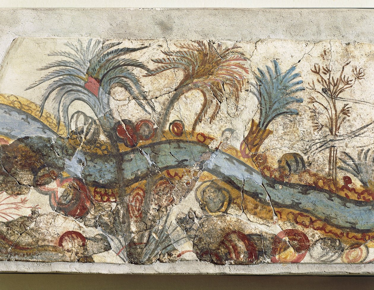 Fresko, der afbilder flodlandskab, fra Akrotiri, Thera Island, Santorini, Grækenland, detaljer af Greek School