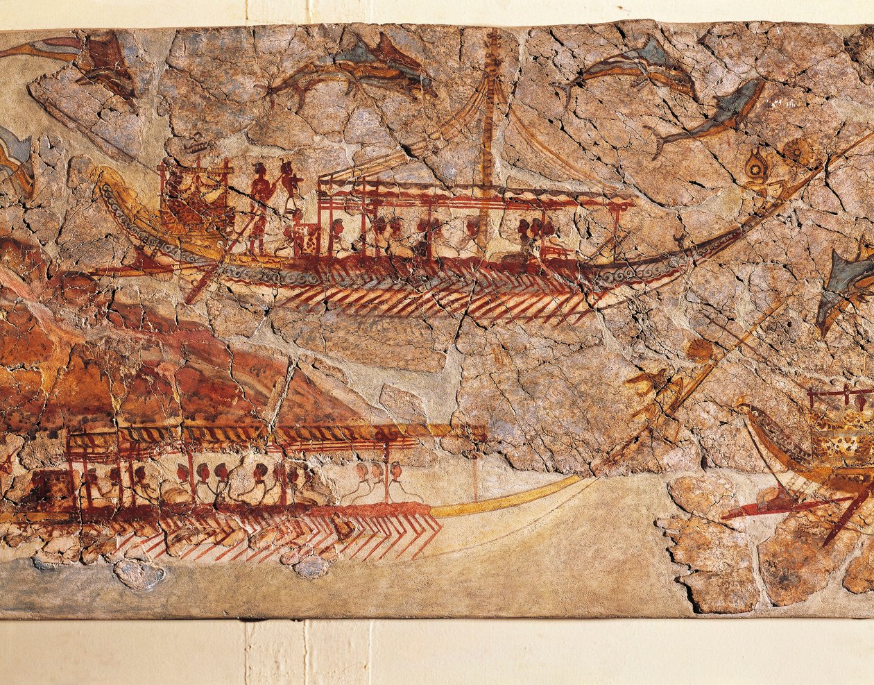 Fresko af skibsoptog, fra Akrotiri, Thera Island, Santorini, Grækenland, detaljer, skibe af Greek School
