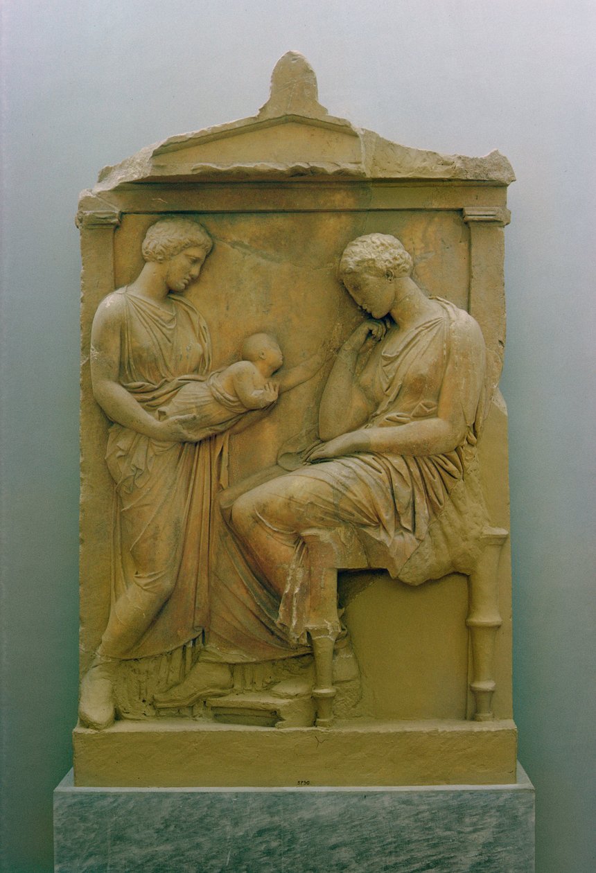 Begravelsesstela, der forestiller en tjenestepige, der holder en baby frem til en siddende kvinde (marmor) af Greek School