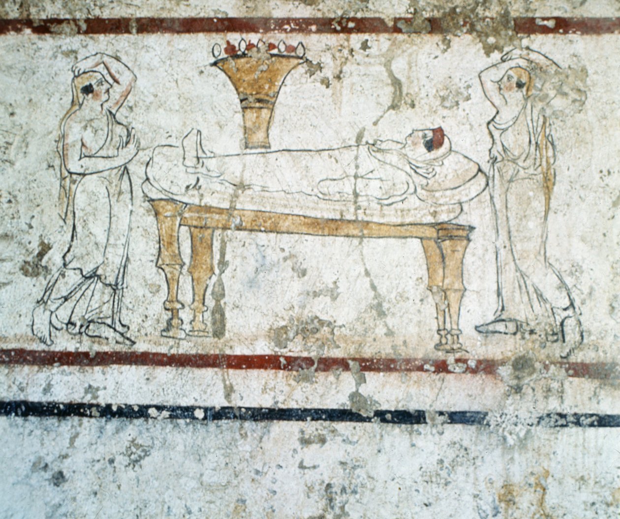 Gaudo Necropolis, Lucanian fresko-gravmaleri, der forestiller den afdøde på hendes dødsleje, 340 f.Kr. af Greek School