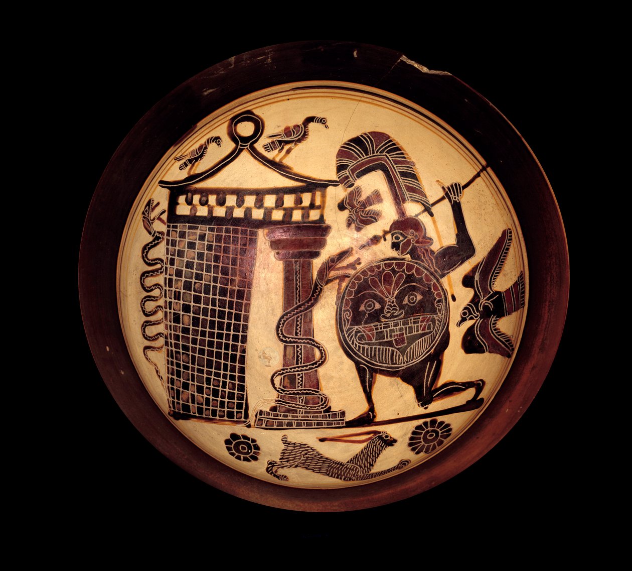 Græsk kunst: Lakonisk kop med sorte figurer, der repræsenterer Cadmos, der kæmper mod dragen fra Theben eller Apollon og slangen Python. Maleri af rytternes maler (6. århundrede f.Kr.) 550-540 f.Kr. af Greek School