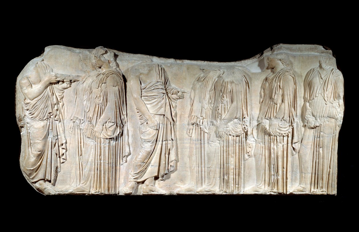 Græsk kunst: fragment af Parthenon-frisen: procession af festen for de Store Panathenees: autorisatorer og ergastiner. Klassisk periode. Paris, Louvre-museet af Greek School