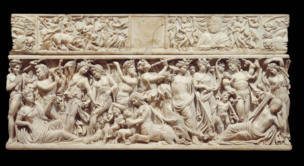 Græsk kunst: relief skulptureret på marmor af en sarkofag, der forestiller Dionysos (eller Bacchus), der opdager sovende Ariane. Guddommen er ledsaget af hendes kortege af satyrer. 230 e.Kr. Fra Saint Medard d