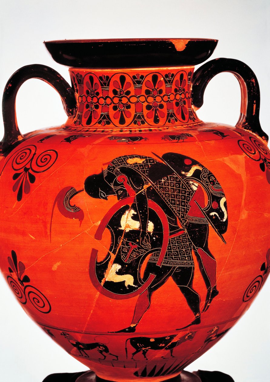 Græsk civilisation, 6. århundrede f.Kr. Sort-figur keramik. Amfora, der forestiller Ajax, der bærer liget af Achilleus. af Greek School