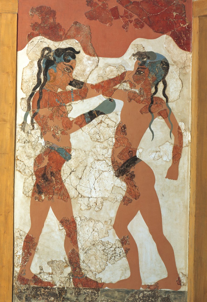 Græsk civilisation, Fresko af unge boksere, Fra Akrotiri, Thera Island, Santorini, Grækenland af Greek School