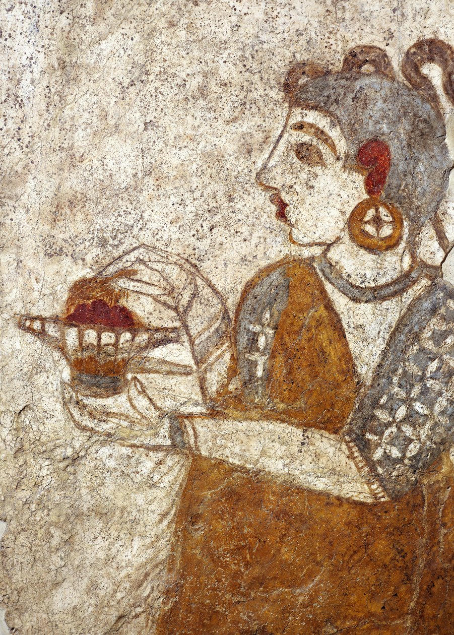 Græsk civilisation, fresko, der viser præstinde, der brænder røgelse, fra Akrotiri, Thera Island, Santorini, Grækenland af Greek School