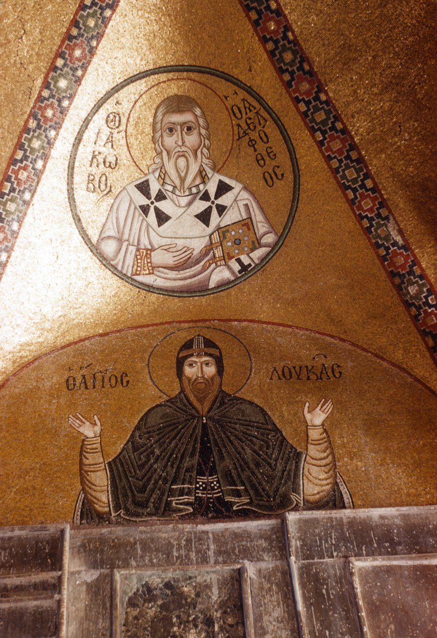 Hosios Loukas og Jakobos Adelphoteos, mosaikker i Katholikon (mosaik) af Greek School