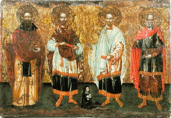 Ikon, der viser SS. Cosmas og Damian (olie på panel) af Greek School