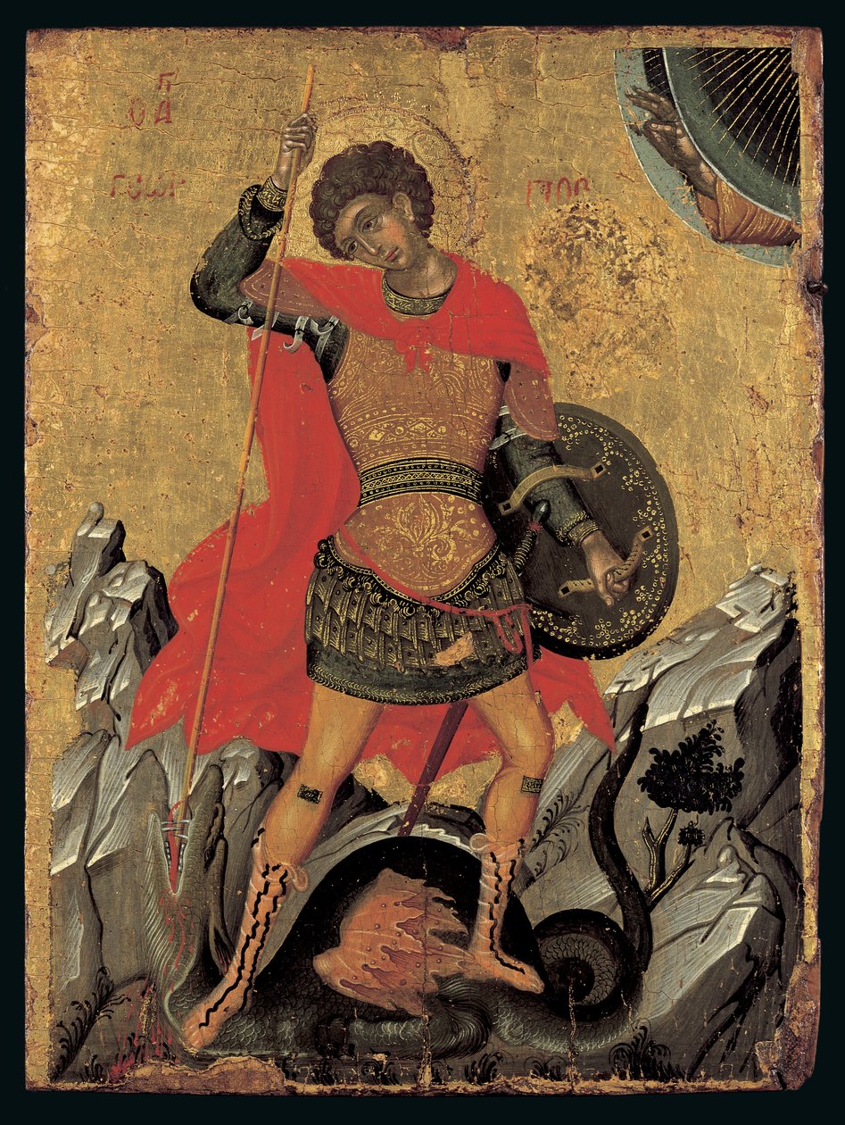 Ikon for St George Slaying the Dragon (ægtempera på panel) af Greek School