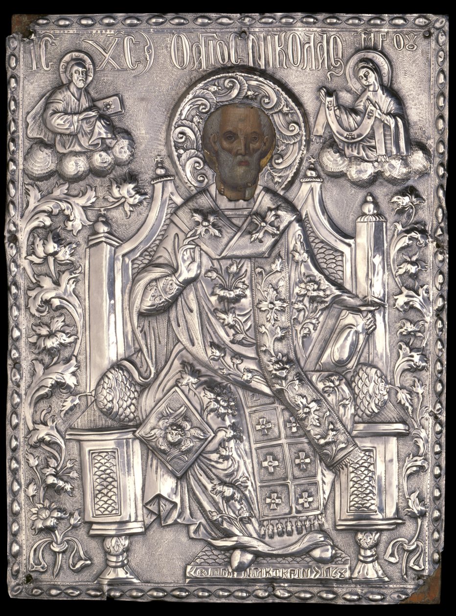 Ikon af St. Nicholas med sølvstøbning, 1768 (ægtempera og kobber på træ) af Greek School