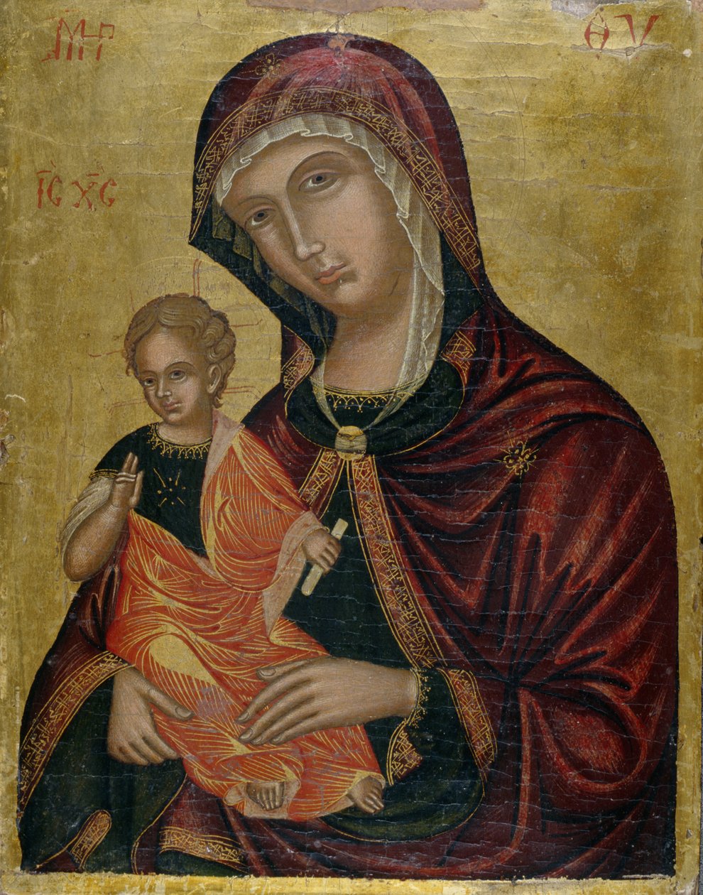 Madonna og barn, ca. 1600 (tempera på cedertræ) af Greek School