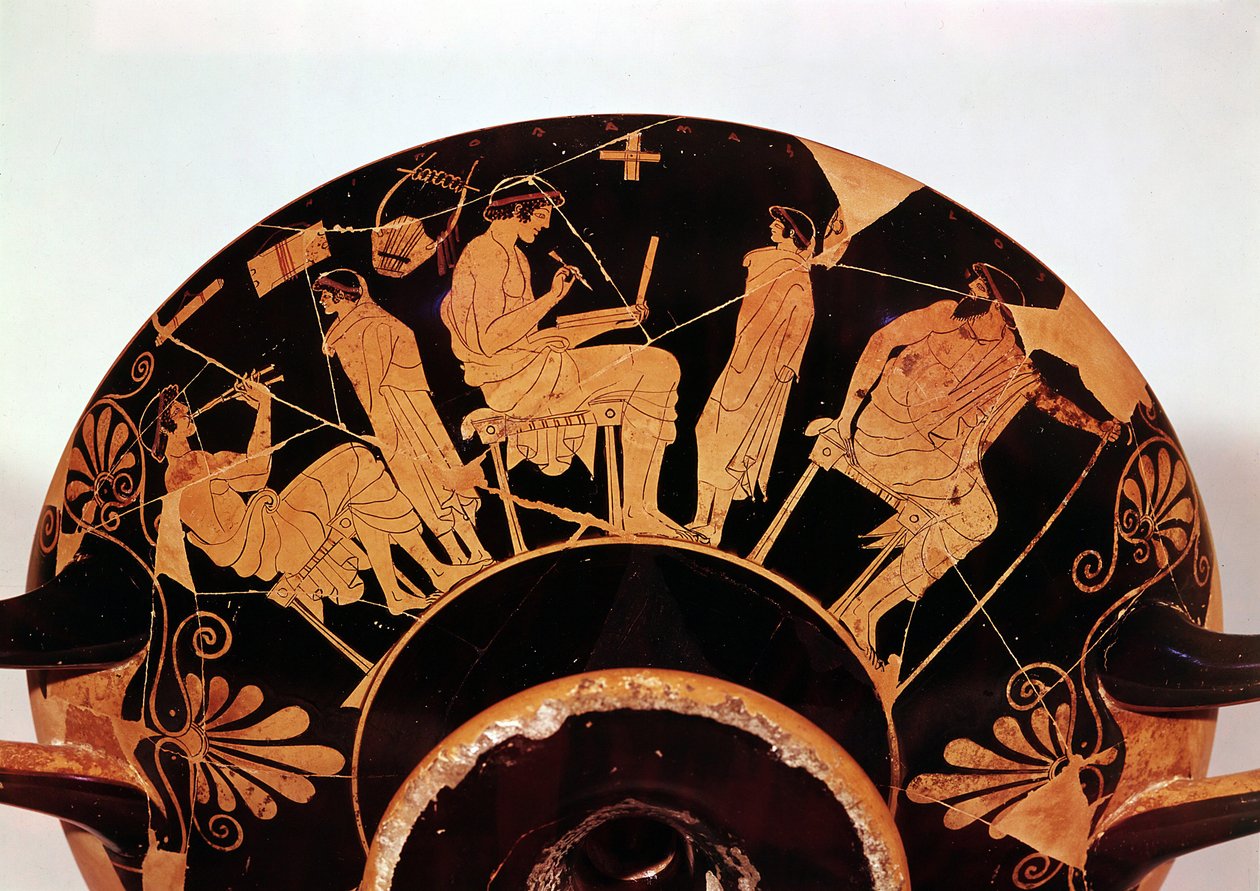 Mestre og elever på den athenske skole, Red Figure Vessel (keramik) af Greek School