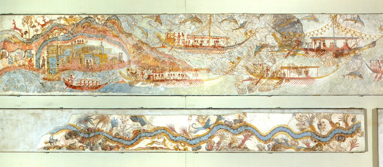 Søekspeditioner og flodlandskab, Akrotiri fresco, Thera (i dag Santorini), Grækenland, minoisk civilisation af Greek School