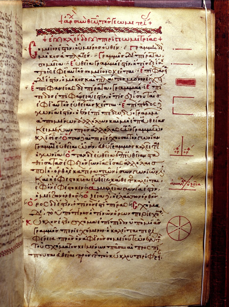 Side med tekst med geometriske figurer, fra Geometry af Euklid (3. århundrede f.Kr.) af Greek School