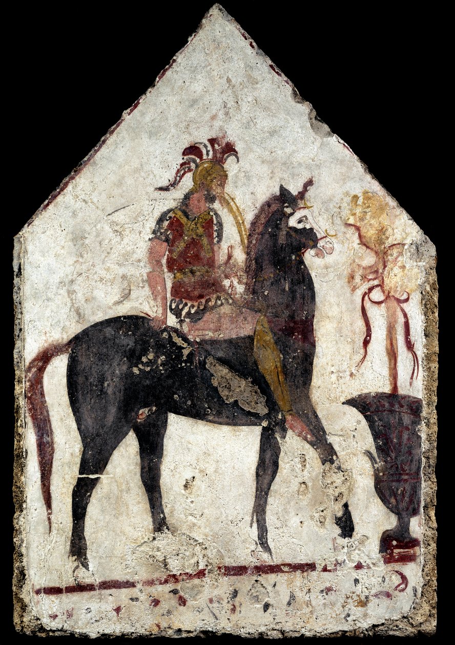 Malet plade, den såkaldte sorte rytter, fra Paestum, Andriuolo, grav 58 af Greek School