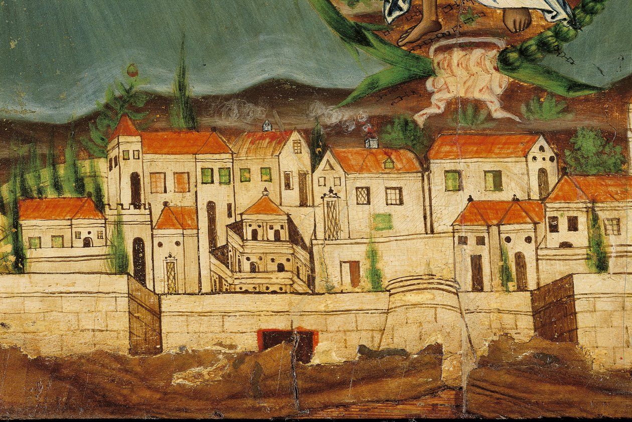 Pelmet, der afbilder Grækenlands genfødsel, detalje i Konstantinopel, fra Syros, Kykladerne (ægtempera på træ) af Greek School