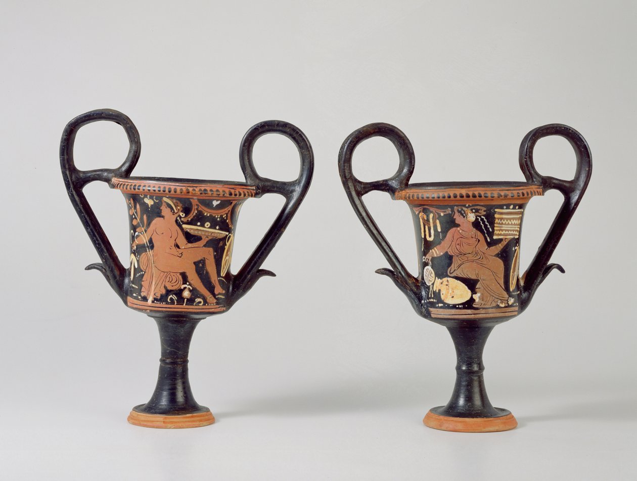 Kantharos med rød figur, der forestiller en ungdom, og kantharos, der forestiller en kvinde, ca. 310 f.Kr. (keramik) af Greek School