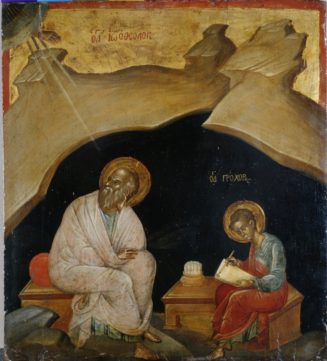 Johannes evangelisten med sin skriver Prochoros (glansmaling på poppeltræ) af Greek School